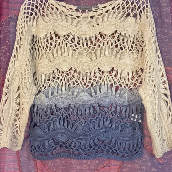 jason maxwell Cream-to-Blue Ombre Open-Knit Crew Sweater - Picture 1 of 1